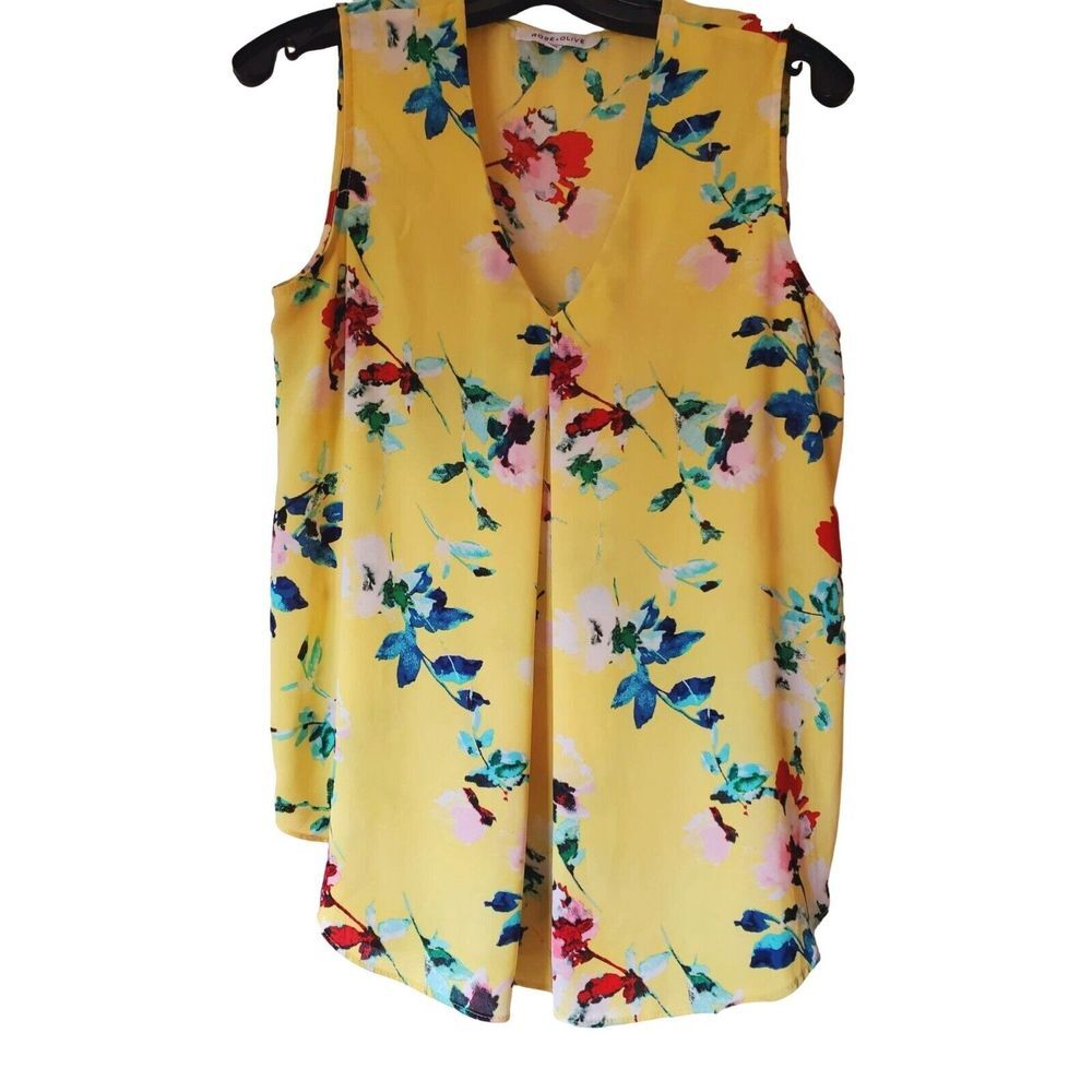 Rose + Olive Women's Floral Rayon Tank Top Size S Yellow Blue Sleeveless